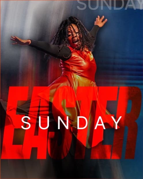 An Easter Sunday graphic, a dancer in red under bold layered type