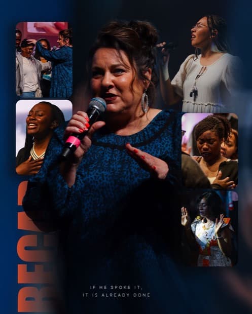 A worship collage graphic built from several photographs of a service